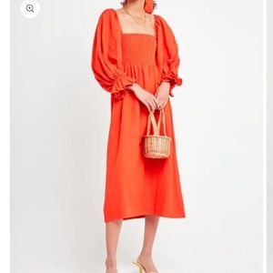 O.P.T. Red/orange midi dress with elastic chest and puff sleeves